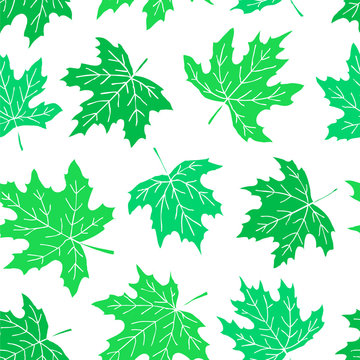 Beautiful seamless doodle pattern with green maple leaves sketch. design background greeting cards and invitations to the wedding, birthday, mother s day and other summer and spring holidays