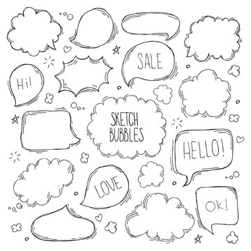 Set of hand drawn sketch Speach bubbles. Vector illustration.