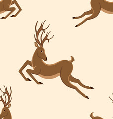 Seamless Pattern with Jumping Deers, Retro Texture with Moving Stags