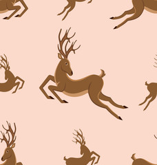 Fototapeta na wymiar Seamless Pattern with Leaping Deers, Vintage Texture with Running Stags