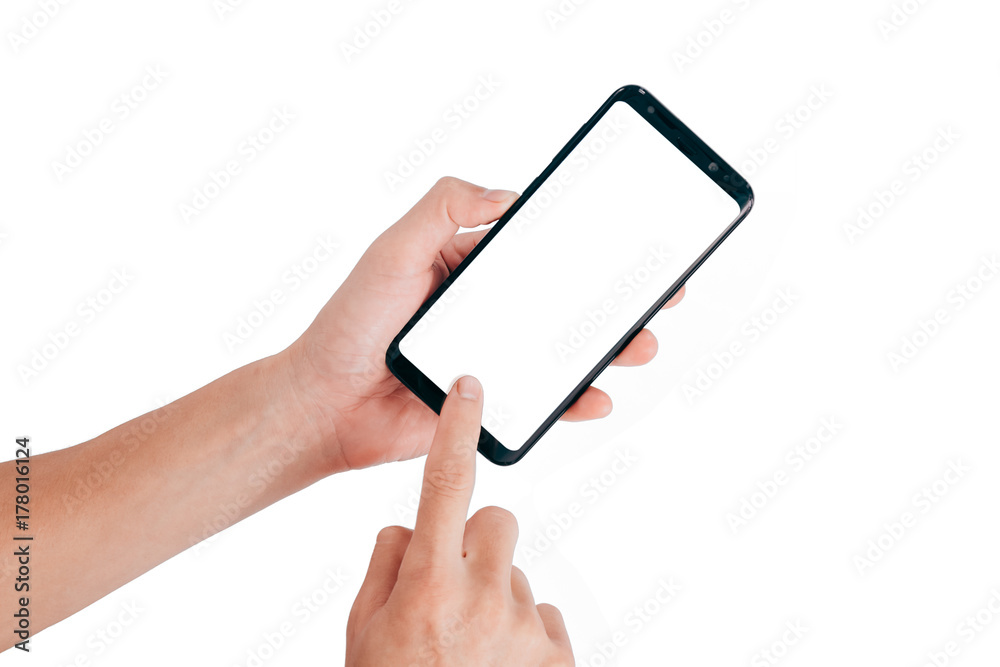 Poster Smartphone Mock up,Hand holding mobile phone and using touching screen isolated on white background with clipping path for design