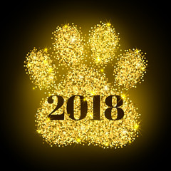 numbers 2018 on gold paw print glitter next new year, calendar front page design. Dog- symbol 2018 year of Oriental calendar