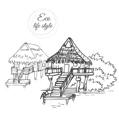 A wooden houses on the water with a thatched roof in the style of a sketch