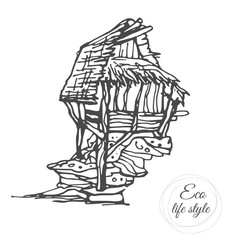 An old wooden house on a stone with a thatched roof in a sketch style