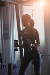 Naklejka premium Fit girl exercise in the gym with dumbbells.