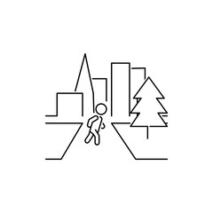 Isometric City Street Landscape View with Buildings, Roads, Trees, Cars and Walking People. Minimal Flat Line Outline Stroke Icon Illustration