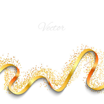 Abstract Background. Yellow Ribbon And Confetti. Celebratory Background. Gold. Vector.