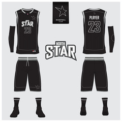 Fototapeta premium Basketball uniform or jersey, shorts, socks template for basketball club. Front and back view sport uniform. Tank top t-shirt mock up with basketball flat logo design on label. Vector Illustration.