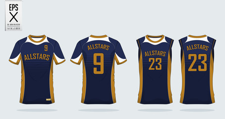 Fototapeta premium Blue and gold t shirt sport design template for soccer jersey, football kit and tank top for basketball jersey. Sport uniform in front view and back view. T-shirt mock up for sport club. Vector.