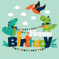 Happy birthday - lovely vector card with funny dinosaurs