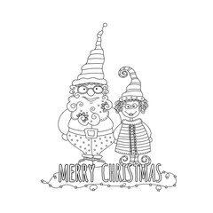 Santa Claus and Mrs Claus with the words merry christmas and star lights, vector illustration.