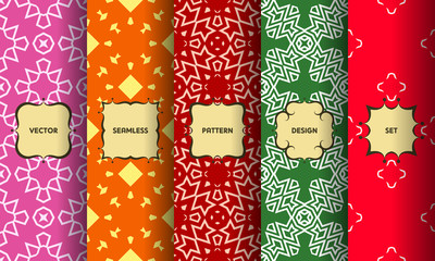 Set of seamless patterns. Collection of bright colorful vector backgrounds and vintage labels. Vector illustration