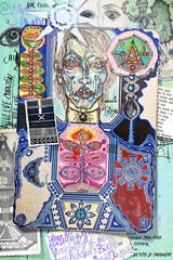 Collage con sciamano,incantesimi,simboli e segni esoterici