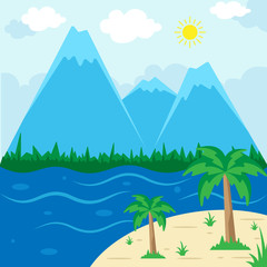 Fototapeta na wymiar Sunny Beach Landscape - Mountain, Vector Illustration, Holiday season summer background