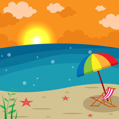Fototapeta na wymiar Sunset Beach Landscape - Lounge chair with Umbrella vector Illustration, Holiday season summer background