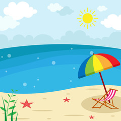 Fototapeta na wymiar Sunset Beach Landscape - Lounge chair with Umbrella vector Illustration, Holiday season summer background