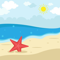 Fototapeta na wymiar Sunny Beach with Starfish - Vector Illustration, Holiday season summer, background