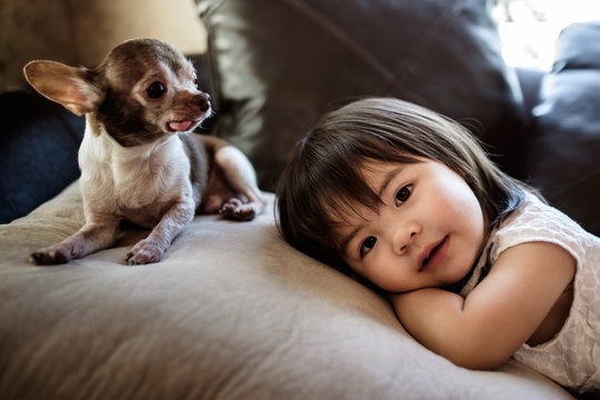 Little Asian girl playing with her dog