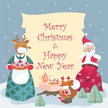 Christmas background with the image of cute woodland animals and Santa. 