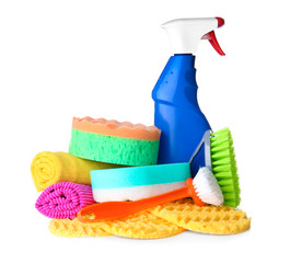 Car cleaning supplies on white background