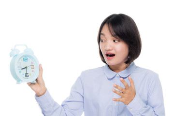 Portrait of a beautiful asian business woman with clock. Isolated on white background