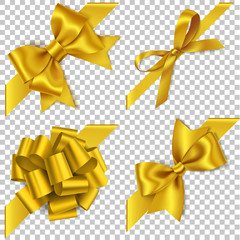 Decorative golden bow with diagonally ribbon for corner decor. New year holiday decorations. Vector realistic yellow bow