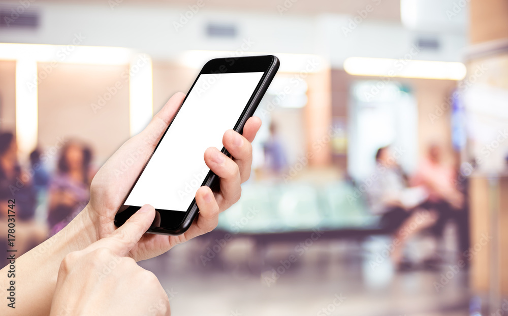 Aufkleber hand click mobile phone with blur patient at hospital background bokeh light,white screen mock up te