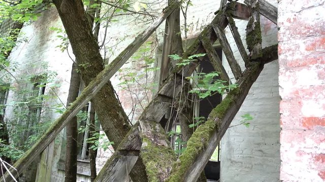 Chernobyl, Ukraine - 17th of June 2017: Visit to Zalesye village in Chernobyl zone - 4K Rotting ladder against collapsing house, trekking shot zoom out