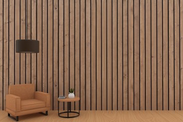 orange sofa design with lamp in wood plank room in 3D rendering