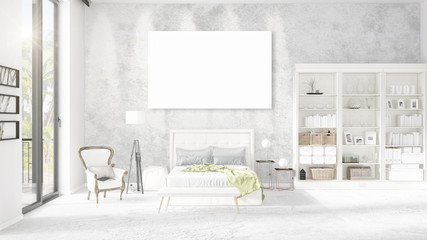 Fashionable modern loft interior with empty frame and copyspace in horizontal arrangement. 3D rendering.