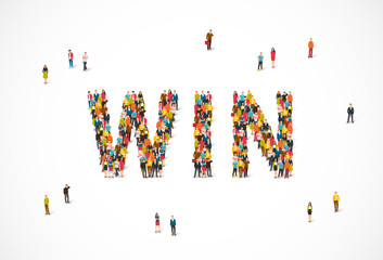 Group of people standing in the word Win
