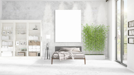 Fashionable modern loft interior with empty frame and copyspace in horizontal arrangement. 3D rendering.