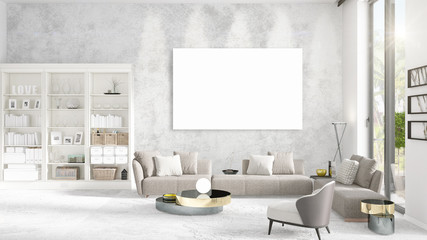 Fashionable modern loft interior with empty frame and copyspace in horizontal arrangement. 3D rendering.