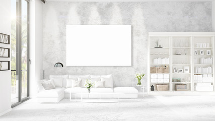 Panoramic view in interior with white leather couch, empty frame and copyspace in horizontal arrangement. 3D rendering.