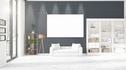 Panoramic view in interior with white leather couch, empty frame and copyspace in horizontal arrangement. 3D rendering.