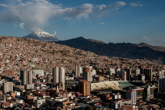 La Paz with mountain in background and football stadium in the foreground