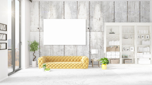 Modern interior in vogue with yellow couch, vertical empty frame and copyspace in horizontal arrangement. 3D rendering.