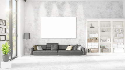 Interior with panoramic view, black leather ottoman and empty frame, copyspace in horizontal arrangement. 3D rendering.