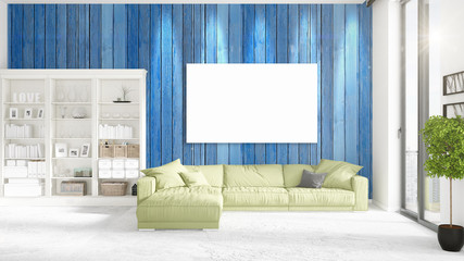 Loft interior with panoramic view, green plush divan, empty frame and copyspace in horizontal arrangement. 3D rendering.