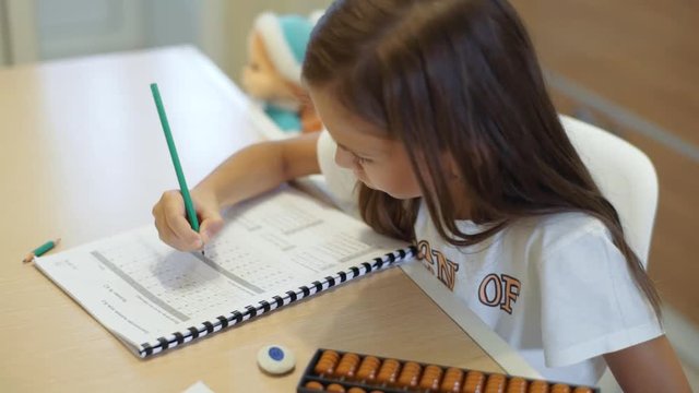 A girl of 8 years of age studies at home on mental arithmetic