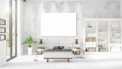 Fashionable modern loft interior with empty frame and copyspace in horizontal arrangement. 3D rendering.