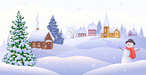 Fototapeta na wymiar Christmas village with snowman
