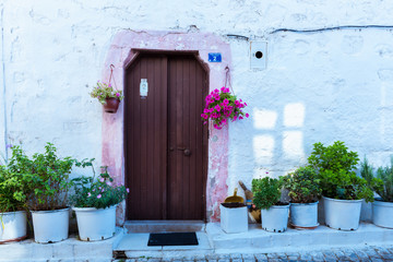 Retro View of brown door and flowerpots on the ground with blue stone wall background.Alacati,Izmir.