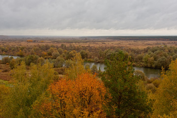 Autumn colorful foliage over lake with beautiful woods in red and yellow color.