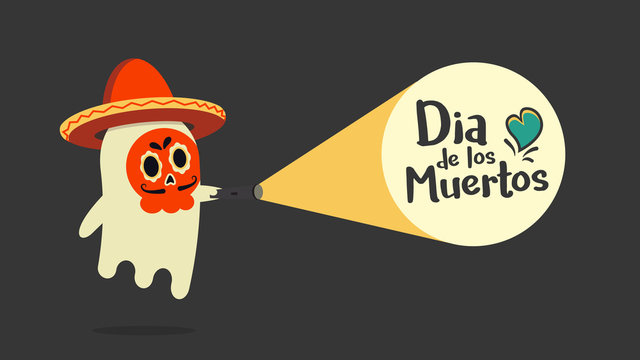 Cute ghost hearing a sombrero with his face painted with traditional decoration just found the announcement of Dia de los Muertos. Vector illustration