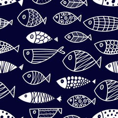 Line fish. Seamless pattern with cute ornamental fish. Sea background.