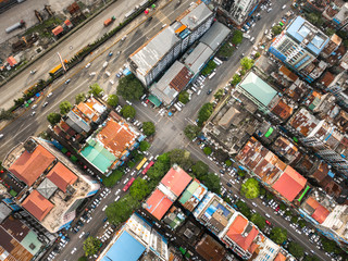 Aerial  shot,view from the drone on the road junction and city of Yangon,Myanmar