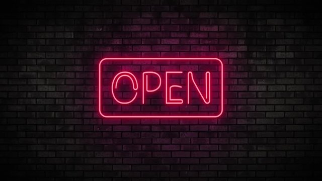 Open Red Neon Light on Brick Wall. Night Club Bar Blinking Neon Sign. Motion Animation. Video available in 4K FullHD and HD render footage