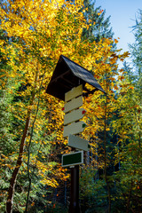 Empty sign on a trail in autumn