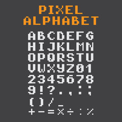 Pixel alphabet and numbers. Pixel font.